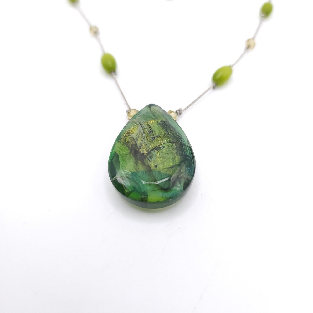 Liz Claiborne Green Cat Eye Necklace Teardrop Silver Beaded - Picture 4 of 6
